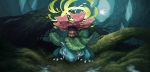  claws facing_viewer flower forest full_body half-closed_eyes highres leaf looking_at_viewer nature no_humans open_mouth outdoors pearl7 pokemon pokemon_(creature) pokemon_(game) pokemon_frlg pokemon_rgby red_eyes scenery sharp_teeth solo teeth tree venusaur water 