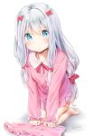  1girl absurdres bangs blouse blue_eyes blush bow dated eromanga_sensei eyebrows_visible_through_hair frills grey_hair hair_bow highres izumi_sagiri kneeling long_hair long_sleeves looking_at_viewer low-tied_long_hair pajamas parted_lips pink_blouse pink_bow shadow shiny shiny_hair shiratama_akane shorts_removed silver_hair simple_background solo twitter_username white_background 