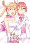  2girls :d arm_hug bare_shoulders blonde_hair blush bouquet breasts bridal_veil bride closed_eyes dragon_horns dress earrings elbow_gloves fang flower glasses gloves groom horns jewelry kobayashi-san_chi_no_maidragon kobayashi_(maidragon) large_breasts multiple_girls one_eye_closed open_mouth pink_flower red_eyes redhead smile strapless strapless_dress tiara tiny_(tini3030) tooru_(maidragon) tuxedo twintails veil wedding_dress white_gloves wife_and_wife yuri 