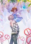  accelerator ahoge albino brown_eyes brown_hair butterfly carrying cat_princess crutch last_order petals polka_dot red_eyes shirt shoulder_carry silver_hair sitting_on_shoulder striped striped_shirt to_aru_majutsu_no_index 