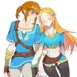  1boy 1girl artist_name black_gloves blonde_hair blue_eyes blush brown_gloves closed_eyes fingerless_gloves gloves hair_ornament hairclip happy hetero link long_hair looking_at_another muse_(rainforest) pointy_ears ponytail princess_zelda shirt short_hair signature simple_background smile the_legend_of_zelda the_legend_of_zelda:_breath_of_the_wild white_background 