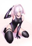  1girl alternate_costume armpits bare_shoulders black_gloves blush choker collarbone competition_swimsuit elbow_gloves fate/grand_order fate_(series) full_body gloves gluteal_fold hair_over_one_eye lavender_hair looking_at_viewer one-piece_swimsuit parted_lips shielder_(fate/grand_order) short_hair sitting solo sweat swimsuit ulrich_(tagaragakuin) violet_eyes 