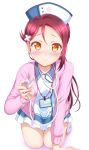  1girl all_fours arm_support blush ckst closed_mouth collarbone doctor dress eyebrows eyebrows_visible_through_hair hat highres long_hair long_sleeves looking_at_viewer love_live! love_live!_sunshine!! pink_hair sakurauchi_riko shiny shiny_hair simple_background smile solo stethoscope white_background white_dress yellow_eyes 