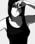  1girl absurdres black_hair collarbone fingernails grey_background greyscale highres lips looking_at_viewer mole mole_under_eye monochrome original poaro shading_eyes simple_background solo tank_top upper_body 