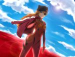  1girl arm_at_side bandage blue_eyes blue_sky breeze_(wcf) clouds dutch_angle eyepatch hat highres holding_jacket jacket_over_shoulder lens_flare looking_at_viewer neon_genesis_evangelion orange_hair plugsuit rebuild_of_evangelion sky solo souryuu_asuka_langley 