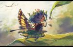  1girl bird blue_hair butterfly_hair_ornament butterfly_wings dress eternity_larva green_dress hair_ornament hidden_star_in_four_seasons koto_inari leaf leaf_hair_ornament short_hair smile solo touhou water_drop wings 