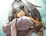  1girl black_gloves black_hair breasts day eyebrows_visible_through_hair fingerless_gloves gloves green_eyes grey_hair grey_necktie grey_shirt hair_between_eyes head_wings kemono_friends large_breasts long_hair looking_at_viewer multicolored_hair necktie outdoors shirt shoebill_(kemono_friends) shourin_bonzu solo upper_body 