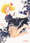  1girl barefoot black_skirt blonde_hair bloomers blouse blush bow feet graphite_(medium) hair_bow hair_ribbon happy long_sleeves misawa_hiroshi necktie open_mouth orange_eyes outstretched_arms red_bow red_ribbon ribbon rumia shirt short_hair skirt skirt_set smile solo texture toes touhou traditional_media underwear vest watercolor_(medium) white_blouse white_shirt wing_collar 