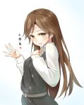  1girl arashio_(kantai_collection) belt blush brown_eyes brown_hair check_commentary check_translation commentary commentary_request dress hand_on_own_chest highres kantai_collection long_hair negahami open_mouth pinafore_dress shirt solo translation_request white_shirt 