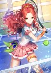  1girl anklet ball copyright_name day hair_ornament interitio jewelry long_hair net official_art outdoors peacock_feathers pink_skirt racket redhead shirt sid_story skirt sparkle standing tennis_ball tennis_court tennis_racket white_shirt 