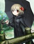  1girl alternate_costume animal bangs black_coat black_umbrella blonde_hair blush breast_pocket commentary_request fence flower frog from_side hair_between_eyes hair_ribbon highres holding holding_umbrella hood hood_down hooded_coat hydrangea leaf_umbrella long_sleeves looking_at_viewer looking_to_the_side outdoors path pocket rain raincoat red_eyes red_ribbon ribbon road rumia short_hair solo spark621 tareme touhou umbrella walking water_drop 