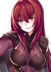  1girl absurdres aer_(tengqiu) bodysuit breasts fate/grand_order fate_(series) highres large_breasts long_hair looking_at_viewer purple_bodysuit purple_hair red_eyes scathach_(fate/grand_order) solo very_long_hair 