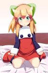  1girl :o bangs bed blonde_hair blush boots commentary_request covered_navel dress eyebrows_visible_through_hair flat_chest full_body green_eyes green_ribbon hair_ribbon hard indoors long_hair looking_at_viewer on_bed parted_lips ponytail red_boots red_dress ribbon rockman rockman_(classic) roll shadow sidelocks sitting sleeves_past_wrists solo wall wariza 
