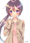  1girl absurdres akebono_(kantai_collection) alternate_costume brown_jacket buttons dress hair_between_eyes highres kantai_collection long_hair long_sleeves pink_dress purple_hair side_ponytail signature simple_background solo very_long_hair violet_eyes white_background yuu_zaki 