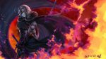  1girl armor breasts cape fate/grand_order fate_(series) flag fur_trim gauntlets grin highres jeanne_alter looking_at_viewer mhg_(hellma) ruler_(fate/apocrypha) sheath sheathed short_hair smile solo sword teeth weapon yellow_eyes 