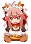  1girl alternate_costume animal_ears apron bell bell_collar breasts cleavage collar collarbone enmaided fangs fate/grand_order fate_(series) fox_ears hair_ribbon large_breasts long_hair looking_at_viewer maid maid_apron maid_headdress naga_u open_mouth paws pink_hair ribbon solo tamamo_(fate)_(all) tamamo_cat_(fate) yellow_eyes 