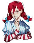  1girl blue_bow bow braid crossed_arms dress finger_to_chin freckles pinstripe_pattern redhead simple_background smile smirk smug solo striped taba-fumi twin_braids upper_body wendy&#039;s wendy_(wendy&#039;s) white_background 