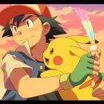  1boy black_hair cyaneko feathers gloves hat pikachu pokemon pokemon_(anime) satoshi_(pokemon) smile 