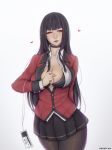  1girl absurdres badge bangs black_bra black_hair black_legwear black_skirt blunt_bangs bra breasts choker cleavage collared_shirt commentary english_commentary heart highres hime_cut holding jabami_yumeko jacket kakegurui large_breasts lips liya_nikorov long_hair long_sleeves looking_at_viewer looking_to_the_side loose_neckwear name_tag open_clothes open_shirt pantyhose parted_lips pleated_skirt poker_chip red_eyes red_jacket school_uniform shirt skirt solo unbuttoned underwear white_shirt 