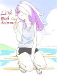  1girl alternate_costume collarbone copyright_name hair_over_one_eye highres holding kengo little_witch_academia long_hair mushroom pink_hair red_eyes short_shorts shorts sitting slippers solo sucy_manbavaran tank_top 