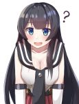  1girl :d ? agano_(kantai_collection) black_hair blue_eyes blush breasts cleavage highres kantai_collection lerche long_hair looking_at_viewer open_mouth simple_background smile solo white_background 