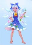  1girl barefoot blouse blue_background blue_eyes blue_hair bow cirno dark_skin dress fang flower full_body hair_bow hand_on_hip hidden_star_in_four_seasons highres ice ice_wings looking_at_viewer open_mouth plant ribbon short_hair simple_background smile solo standing sunflower tan tanned_cirno tomas_bobo touhou vines wings 