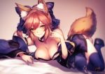  1girl animal_ears bare_shoulders blurry bow breast_rest breasts cleavage depth_of_field detached_collar detached_sleeves fate/extra fate_(series) fox_ears fox_shadow_puppet fox_tail hair_bow japanese_clothes kimono kyouya_(mukuro238) large_breasts looking_at_viewer lying navy_blue_legwear obi on_side pink_hair platform_footwear sandals sash smile solo tail tamamo_(fate)_(all) tamamo_no_mae_(fate) thigh-highs twintails wide_sleeves yellow_eyes 