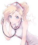  1girl :o artist_name bare_shoulders blonde_hair blue_eyes breasts buttons dress earrings eyebrows eyebrows_visible_through_hair hand_up hat jewelry looking_at_viewer medium_breasts mercy_(overwatch) nurse nurse_cap open_mouth overwatch panza ponytail short_hair sleeveless sleeveless_dress solo star starry_background stethoscope stud_earrings upper_body wing_collar 