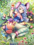  1girl animal_ears ass basket blue_hair bow breasts bunny_girl bunnysuit cleavage day detached_sleeves easter_egg flower grass green_eyes holding_egg interitio long_hair official_art on_ground outdoors pink_bow plaid plaid_legwear rabbit_ears solo sunlight tenka_touitsu_chronicle thighs wristband 
