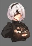  1girl blindfold breasts cleavage cleavage_cutout dress hairband lips medium_breasts mole mole_under_mouth nier_(series) nier_automata pink_lips puffy_sleeves short_hair solo turtleneck upper_body wamwam white_hair yorha_no._2_type_b 