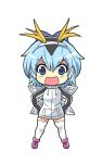 1girl blue_eyes blue_hair bow cirno colonel_aki cosplay hair_bow hairband hands_on_hips hood hood_up hoodie ice ice_wings kemono_friends long_sleeves royal_penguin_(kemono_friends) royal_penguin_(kemono_friends)_(cosplay) short_hair smile solo thigh-highs touhou white_background wings 