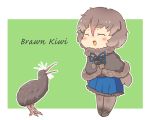  1girl bird blush brown_hair character_name chibi closed_eyes fur_trim kemono_friends kiwi miniskirt multicolored_hair north_island_brown_kiwi_(kemono_friends) open_mouth pantyhose pink_hair pozesuke simple_background skirt solo two-tone_hair white_background 