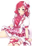  1girl blush bow center_frills character_name clenched_hands frills hat hat_bow highres layered_skirt leg_ribbon light_frown love_live! love_live!_school_idol_project mini_hat mini_top_hat necktie nishikino_maki pin plaid plaid_skirt red_ribbon redhead ribbon shoelaces shoes short_sleeves sitting skirt solo striped striped_necktie top_hat violet_eyes white_background yana_mori 