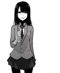  1girl black_hair blazer bottle commentary fingernails greyscale highres holding holding_bottle jacket long_hair looking_at_viewer monochrome original pantyhose poaro school_uniform scowl simple_background skirt solo tongue tongue_out translation_request white_background 