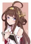  1girl ahoge bare_shoulders blush book brown_hair dated hair_bun hairband hanauna headgear highres jewelry kantai_collection kongou_(kantai_collection) long_hair looking_at_viewer nontraditional_miko ring smile solo violet_eyes wedding_band 