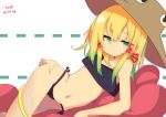  1girl absurdres arm_rest artist_name bare_shoulders black_panties blonde_hair dated expressionless flat_chest gradient_hair green_eyes green_hair hair_ribbon hand_on_hip hat highres lying midriff moriya_suwako multicolored_hair navel on_side panties pyonta ribbon side-tie_panties solo tank_top te_toga touhou underwear white_background 