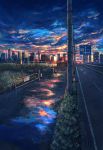  bush cable city_lights cityscape clouds cloudy_sky evening fence grass highres landscape no_humans original outdoors pippi_(pixiv_1922055) puddle reflection road road_sign scenery sign sky traffic_cone 