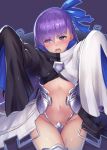  1girl armor armored_boots black_background blue_eyes blue_ribbon blush boots crotch_plate fate/extra fate/extra_ccc fate_(series) groin hair_ribbon long_hair looking_away meltlilith navel oukawa_yuu purple_hair reaching_out revealing_clothes ribbon shiny shiny_skin solo sweat thighs very_long_hair 