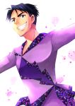  1boy black_hair blue_eyes grin hotbuggy jean-jacques_leroy male_focus outstretched_arms smile sparkle spread_arms yuri!!!_on_ice 