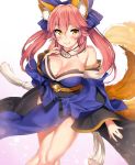  1girl animal_ears bangs breasts cleavage eyebrows_visible_through_hair fate/extra fate_(series) fox_ears fox_girl fox_tail gradient gradient_background hair_between_eyes hand_on_own_chest highres japanese_clothes kawai large_breasts long_hair looking_at_viewer pink_hair solo tail tamamo_(fate)_(all) tamamo_no_mae_(fate) thighs twintails yellow_eyes 