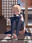  1girl :d ahoge arm_guards armpits autumn bangs bare_shoulders black_bow black_legwear black_panties black_scarf blonde_hair blurry blurry_background bottle bow commentary_request cup day drinking_glass fate_(series) feet fence hair_bow highres indoors japanese_clothes kimono knees_up koha-ace looking_at_viewer open_mouth panties pantyshot pantyshot_(sitting) qiongsheng round_teeth sakura_saber scarf shelf shin_guards short_hair short_kimono sitting sleeveless sleeveless_kimono sliding_doors smile soles solo sunlight tatami teeth thigh-highs thighs toeless_legwear toes underwear white_kimono yellow_eyes 