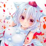  1girl animal_ears bare_shoulders blush breasts detached_sleeves hat inubashiri_momiji large_breasts looking_at_viewer pom_pom_(clothes) red_eyes ribbon ribbon-trimmed_sleeves ribbon_trim short_hair silver_hair solo tail tokin_hat touhou wolf_ears wolf_tail yunagi_(arukumaruta) 
