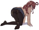  1girl ahoge all_fours ass bangs black_legwear blush braid brown_hair full_body green_eyes hanauna kantai_collection long_hair long_sleeves looking_at_viewer looking_back no_shoes noshiro_(kantai_collection) panties_under_pantyhose pantyhose pantyshot pleated_skirt simple_background skirt sleeves_past_wrists solo sweatdrop swept_bangs thighband_pantyhose twin_braids upskirt white_background 