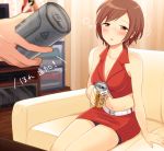  1girl alcohol blush breasts brown_eyes brown_hair can cleavage collarbone couch drink drunk half-closed_eyes holding indoors looking_at_viewer meiko navel nokuhashi room sitting skirt sleeveless solo_focus text vocaloid 