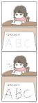  1girl 4koma alphabet brown_hair chair child comic commentary highres homework jitome noja original pencil practicing sitting solo too_literal translated writing 