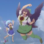  2girls :d ;d arm_up bare_arms bare_legs barefoot black_wings blue_bow blue_dress blue_eyes blue_hair blue_sky bow brown_hair cirno clenched_hands clouds collared_shirt day dress floating flower frilled_shirt frilled_shirt_collar frilled_skirt frilled_sleeves frills full_body hair_bow hand_up hanemikakko hidden_star_in_four_seasons ice ice_wings long_hair looking_at_viewer multiple_girls one_eye_closed open_mouth outdoors plant puffy_short_sleeves puffy_sleeves red_eyes reiuji_utsuho shirt short_hair short_sleeves skirt sky smile sunflower tan tanned_cirno thigh-highs touhou vines wing_collar wings zettai_ryouiki 