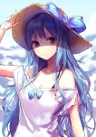 1girl arm_at_side ato_(haru_ato) bangs bare_shoulders blue_bow blue_bowtie blue_hair bow bowtie breasts cleavage closed_mouth collarbone day eyebrows_visible_through_hair hand_on_headwear hand_up hat hat_bow highres long_hair looking_at_viewer medium_breasts off-shoulder_shirt off_shoulder original outdoors shirt short_sleeves solo spaghetti_strap straw_hat sun_hat upper_body violet_eyes white_shirt 