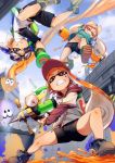  3girls action black_shoes blue_sky boots brown_shoes character_request clenched_teeth domino_mask green_boots holding holding_weapon ikamusume ink_tank_(splatoon) inkling long_hair mask multiple_girls navel orange_hair paint_splatter shoes sky splatoon super_soaker teeth tentacle_hair upshirt weapon 