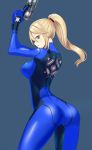  1girl ass blonde_hair blue_background blue_bodysuit blue_eyes bodysuit breasts cowboy_shot gun hair_between_eyes hands_together long_hair metroid mole open_mouth ponytail profile ru_(16857772) samus_aran sidelocks skin_tight solo weapon zero_suit 