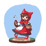  1girl animal_ears basket blouse blush_stickers brooch brown_hair cloak cosplay fang hood hooded_cloak imaizumi_kagerou jewelry kumamoto_(bbtonhk2) little_red_riding_hood little_red_riding_hood_(cosplay) little_red_riding_hood_(grimm) long_hair lowres musical_note neck_ribbon open_mouth picnic_basket pixel_art red_eyes ribbon shoes skirt smile socks solo tail touhou wolf_ears wolf_tail 